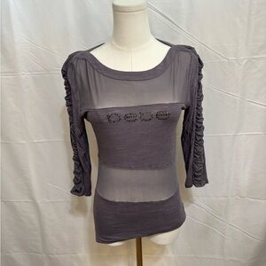 Y2K Bebe Sheer Mesh Logo Top M Ruched Sleeve Rhinestone Clubbing 2000s